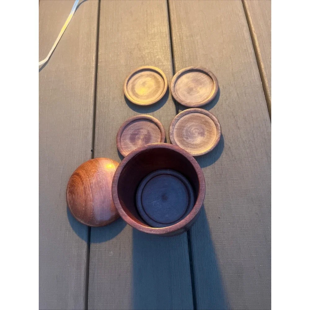 Vintage Handcrafted Wood Coaster Set with Lidded Storage Container 5 Piece Set